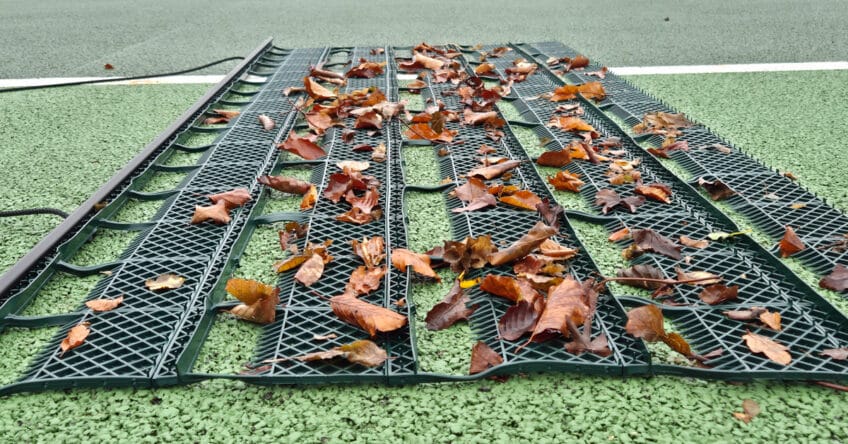 A tennis court drag mat for sweeping all types of court surfaces.